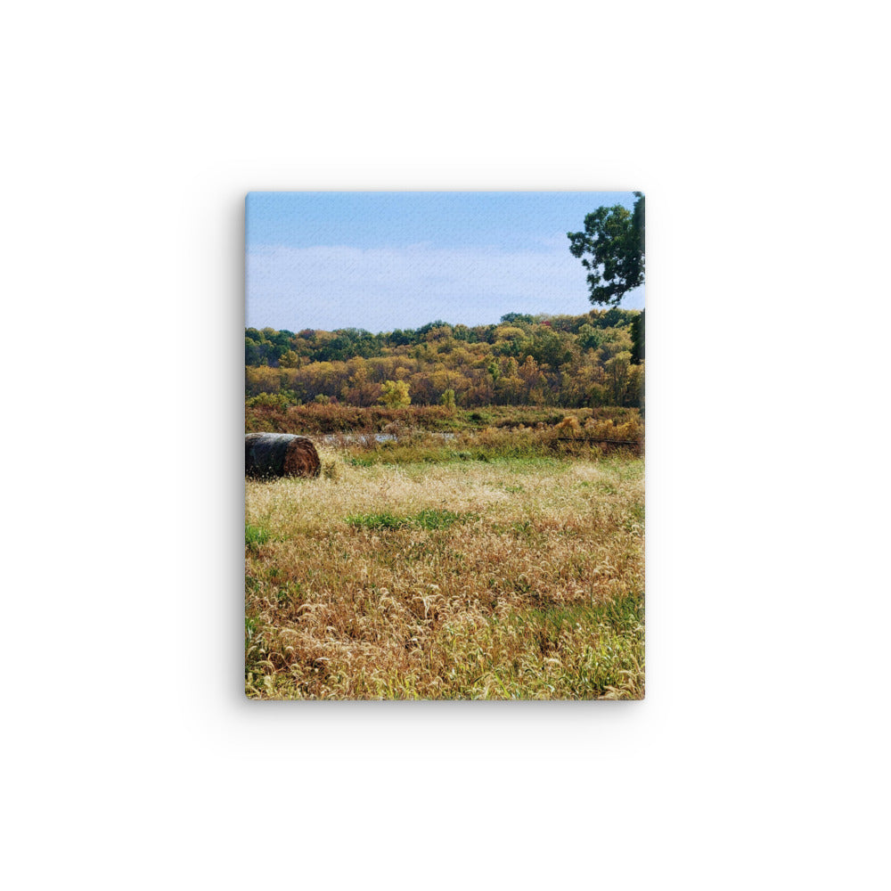 Warm lone haybale against autumn field and forest and blue sky