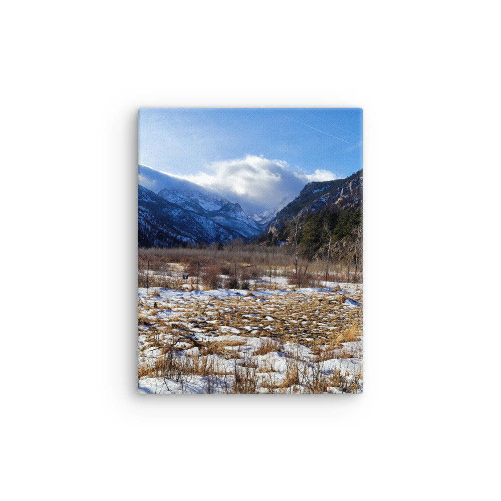 Canvas print of landscape with blue snowy mountains