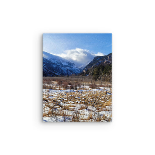 Canvas print of landscape with blue snowy mountains