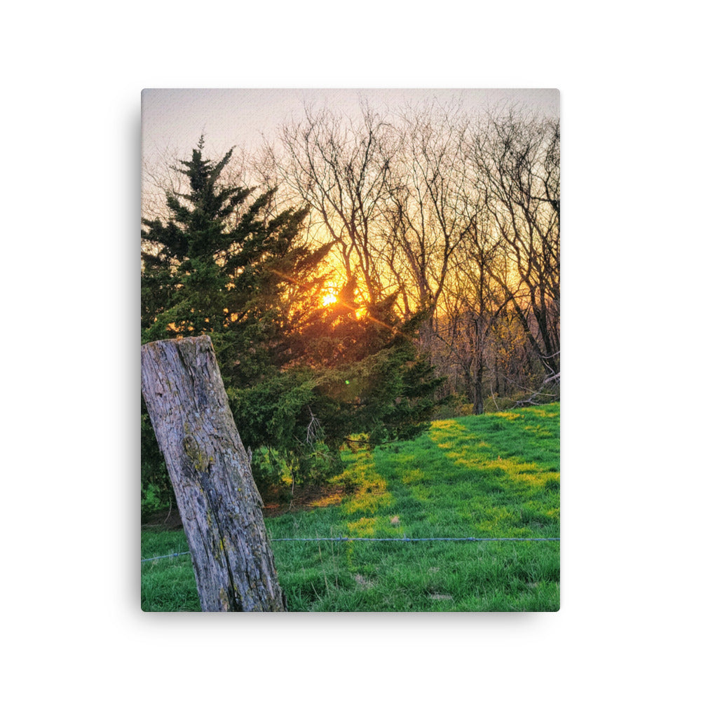 Canvas print of a sunset over a forest with a wooden post in the foreground.