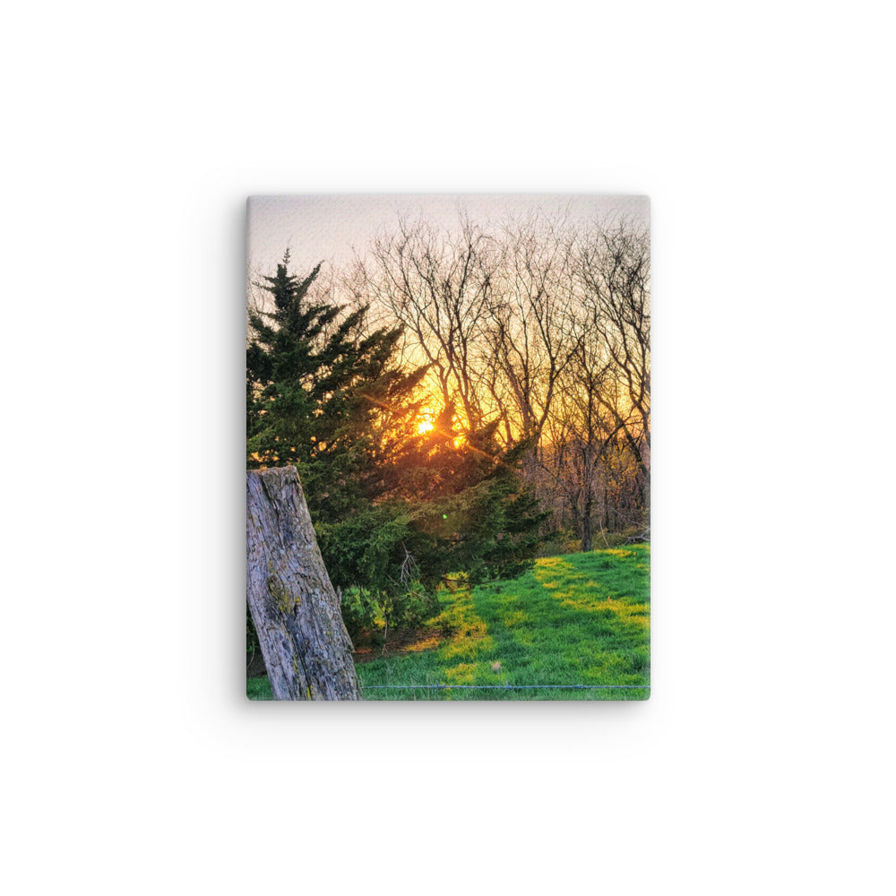 Canvas print of a sunset over a forest with a wooden post in the foreground.