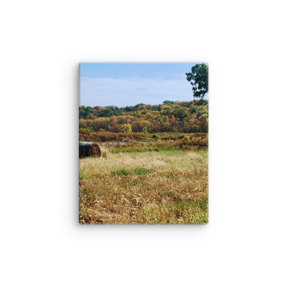 Warm lone haybale against autumn field and forest and blue sky