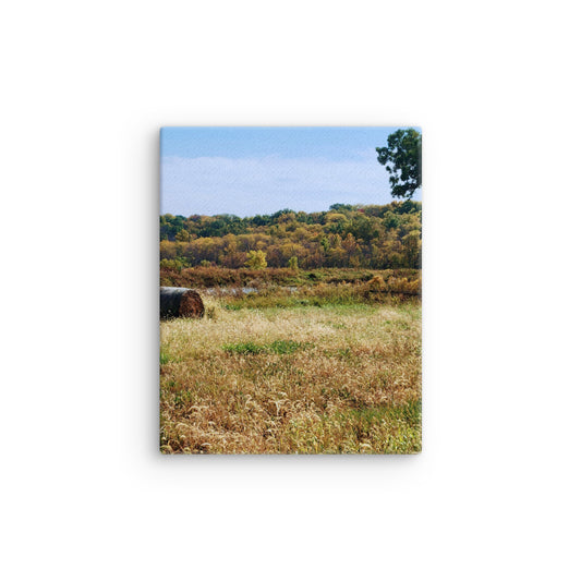 Warm lone haybale against autumn field and forest and blue sky